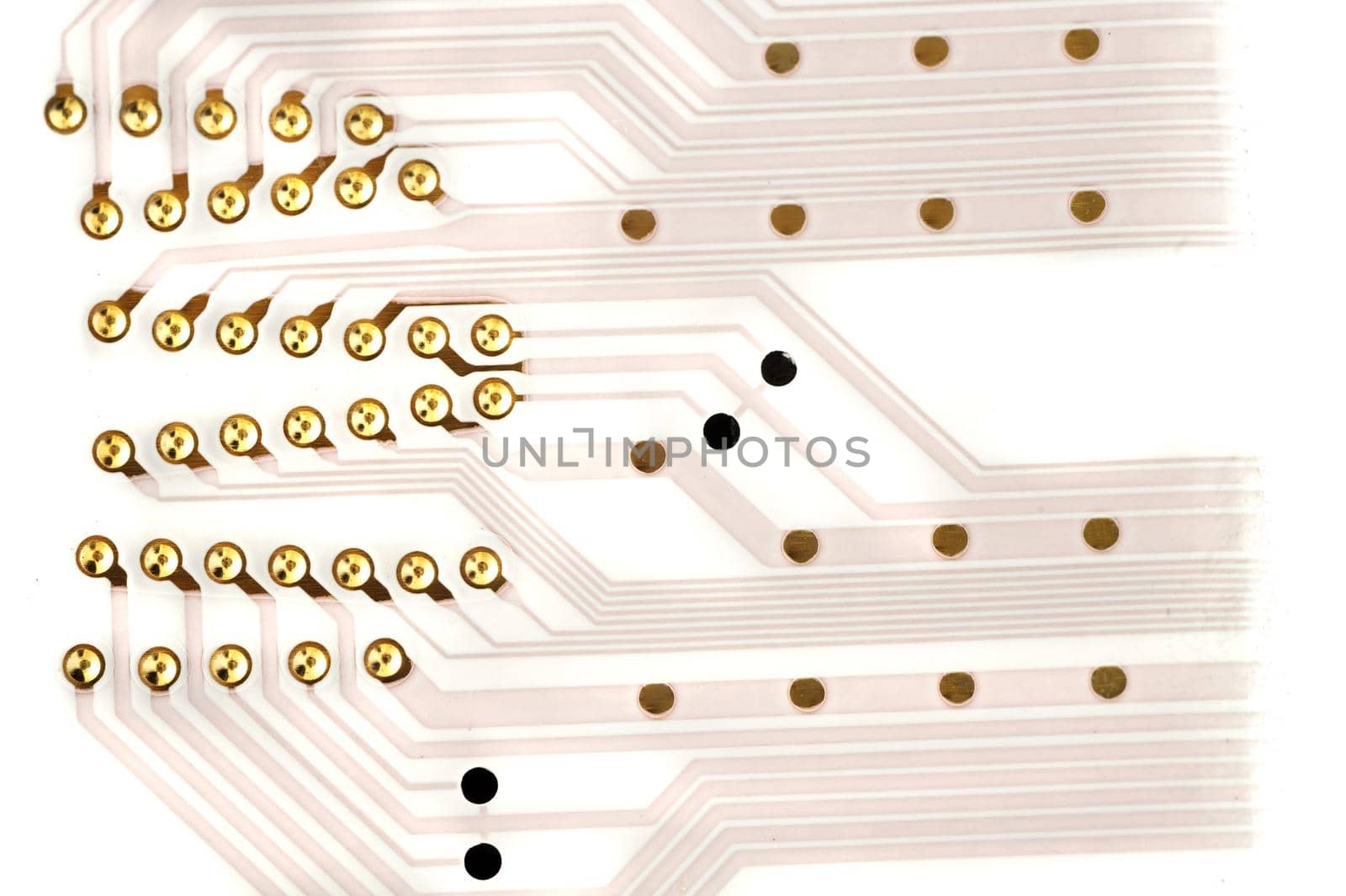 Close up view on electrical conduits and circuits for flex keyboard parts with white background