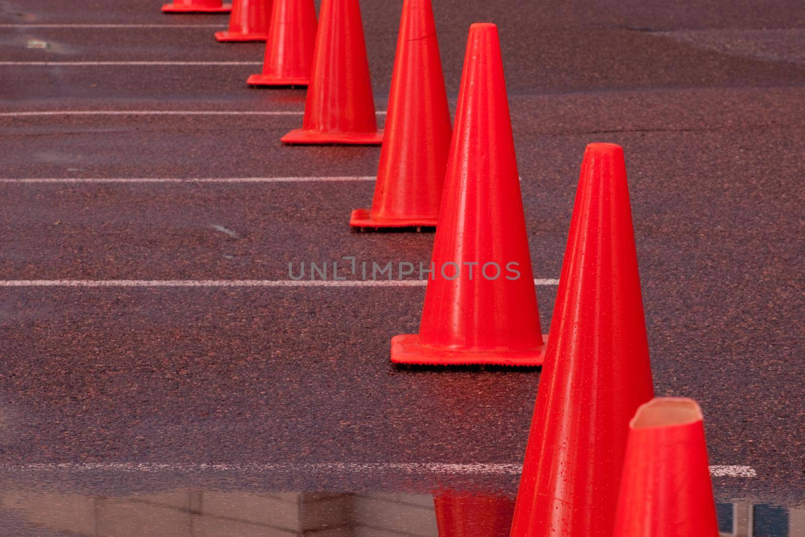 Row of construction cones at the valet parking.