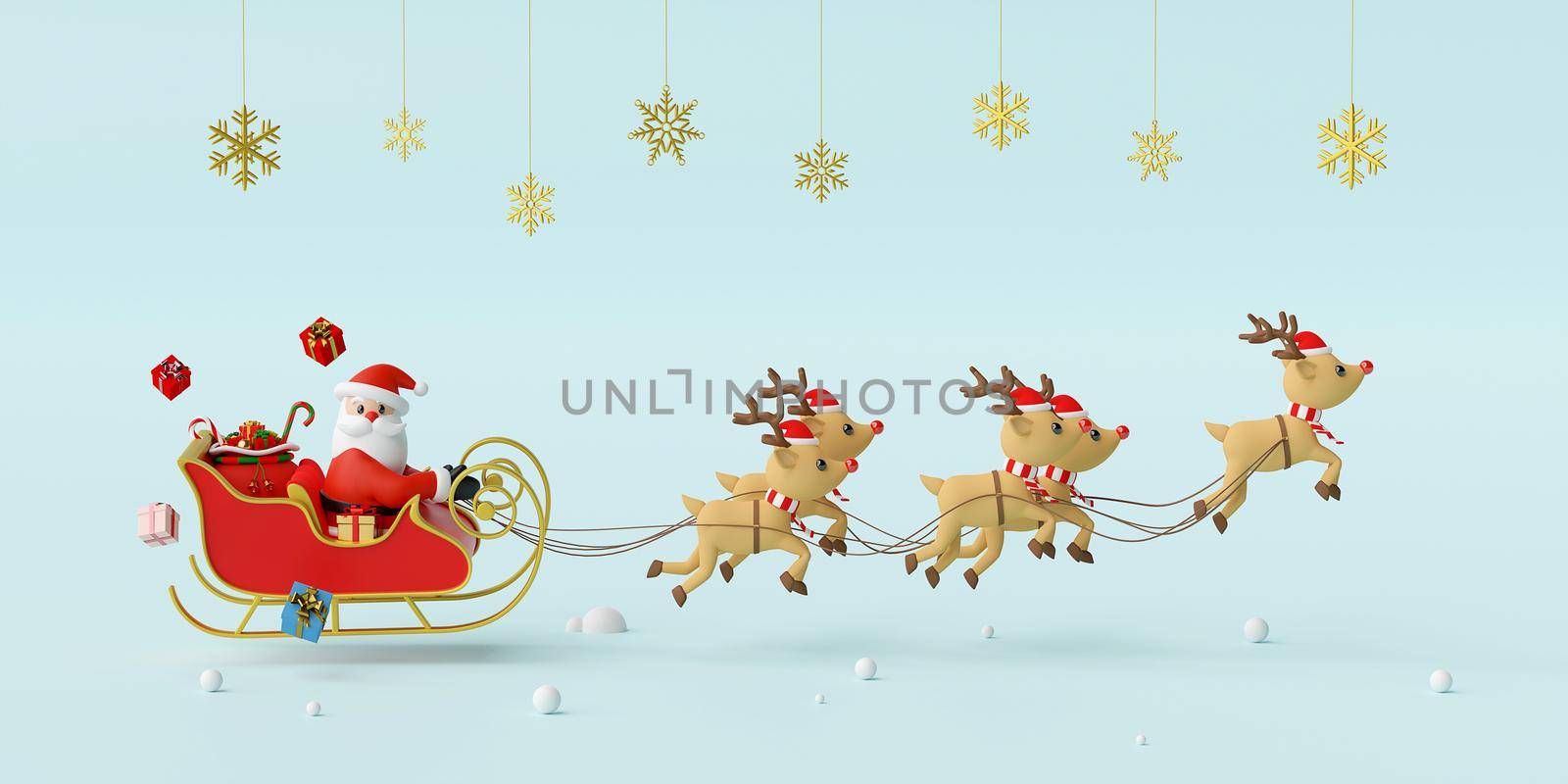 Merry Christmas and Happy New Year, Santa Claus on a sleigh full of Christmas gifts and pulled by reindeer, 3d rendering