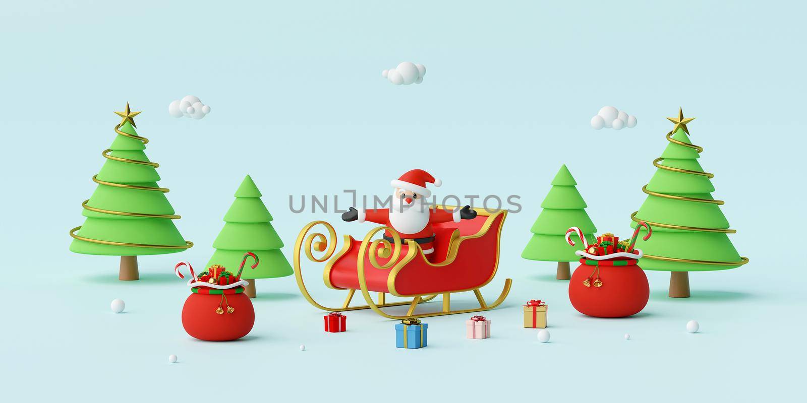 Merry Christmas and Happy New Year, Santa Claus on a Sleigh with Christmas gifts, 3d rendering by nutzchotwarut