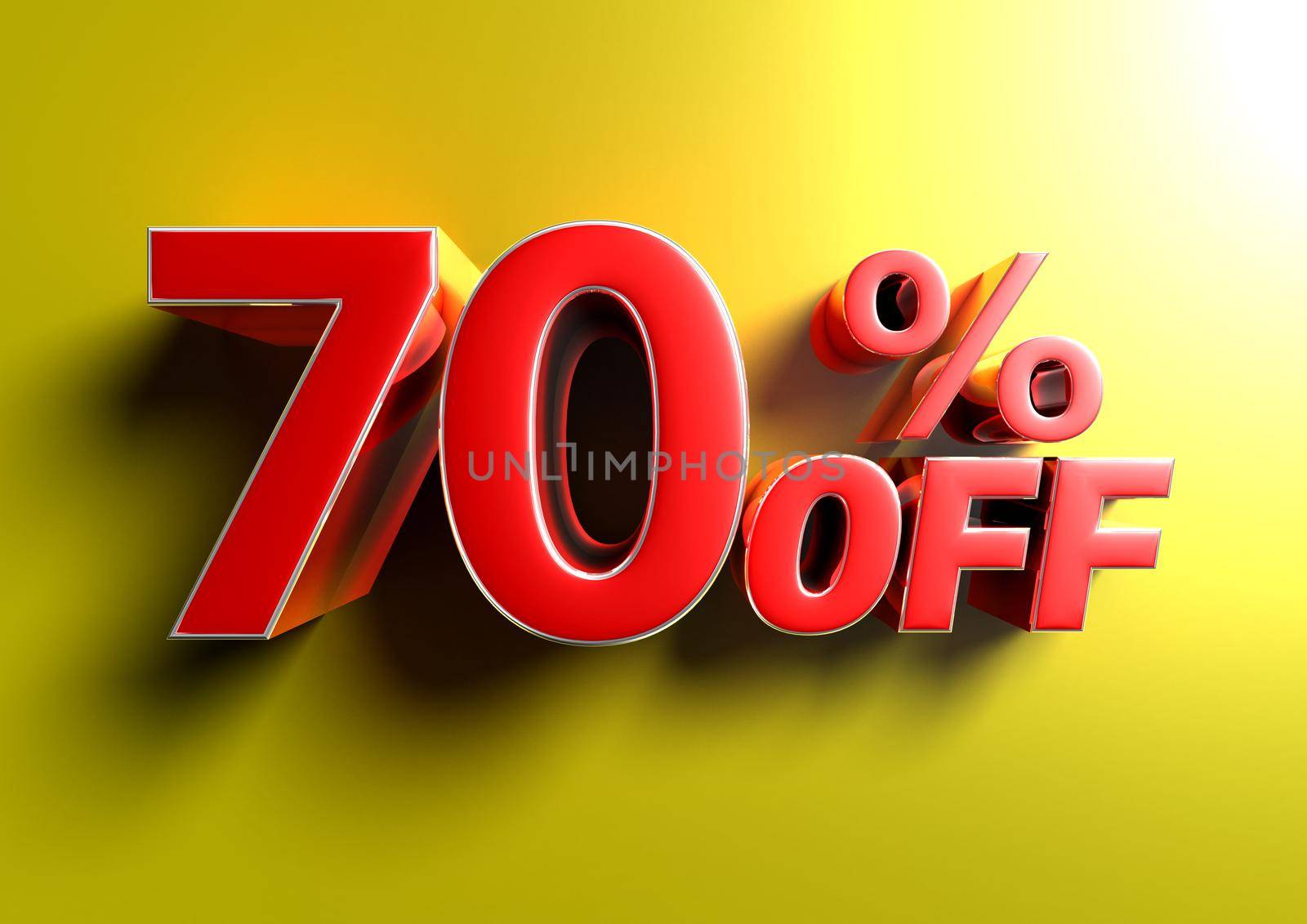 70 Percent off 3d illustration Sign on yellow background.