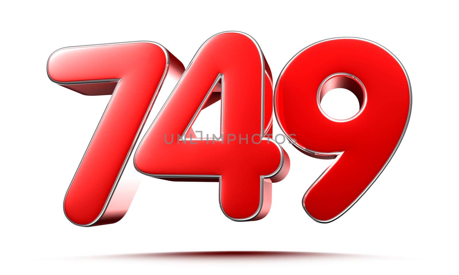 Rounded red numbers 749 on white background 3D illustration with clipping path