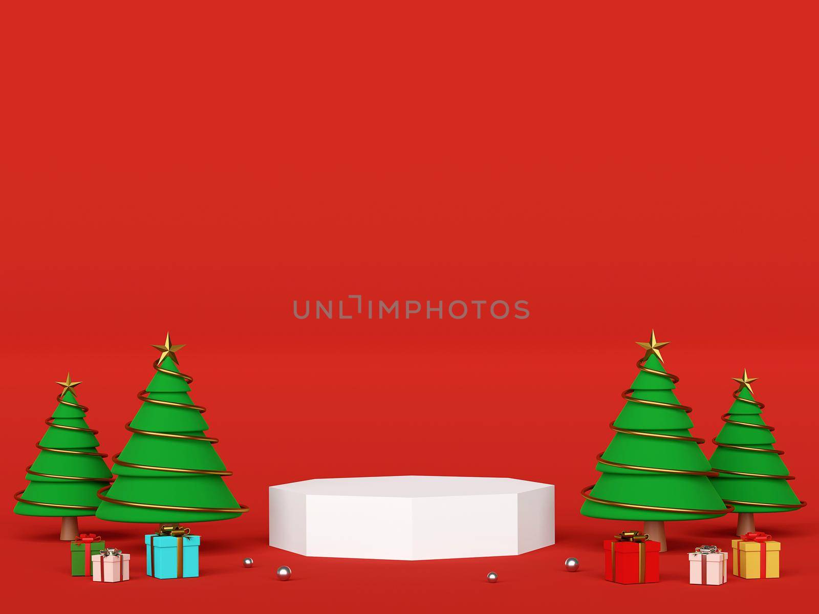 Scene of podium with Christmas tree for product advertisement, 3d rendering by nutzchotwarut