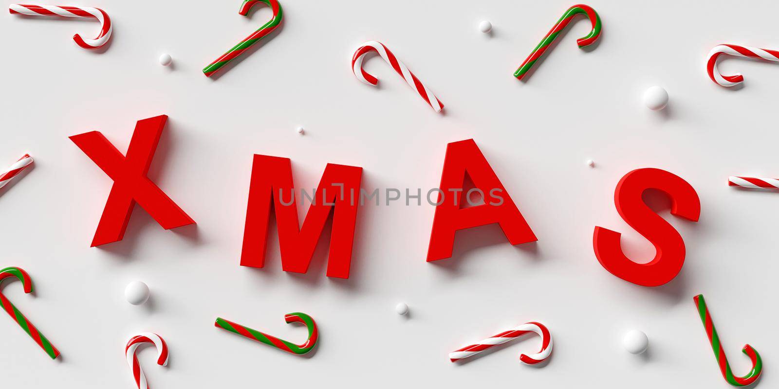Merry Christmas and Happy New Year, Red letters XMAS with Christmas decoration on white background, 3d rendering by nutzchotwarut
