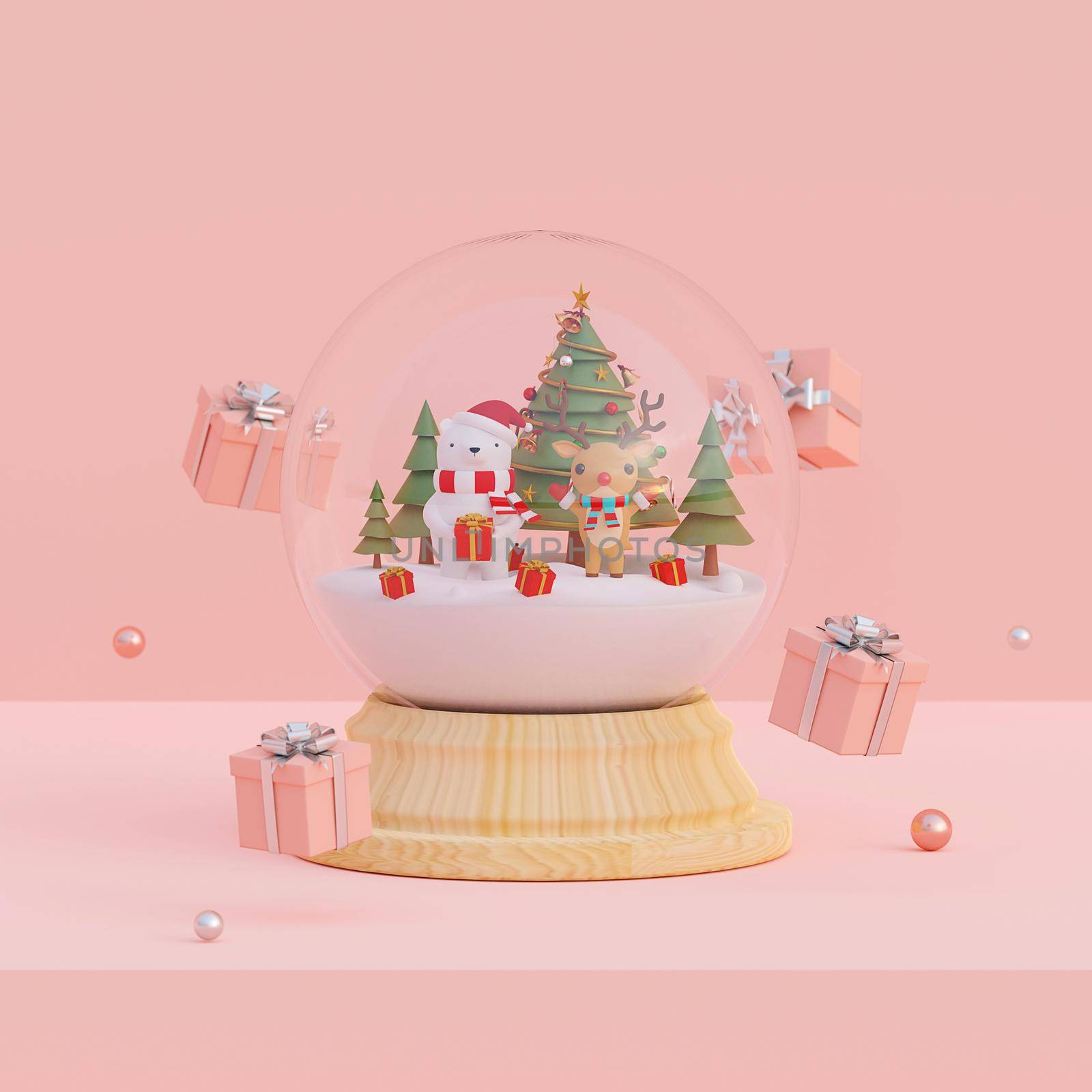 Merry Christmas and Happy New Year, Scene of Christmas gifts and bear, Reindeer with Christmas tree in a snow globe, 3d rendering by nutzchotwarut