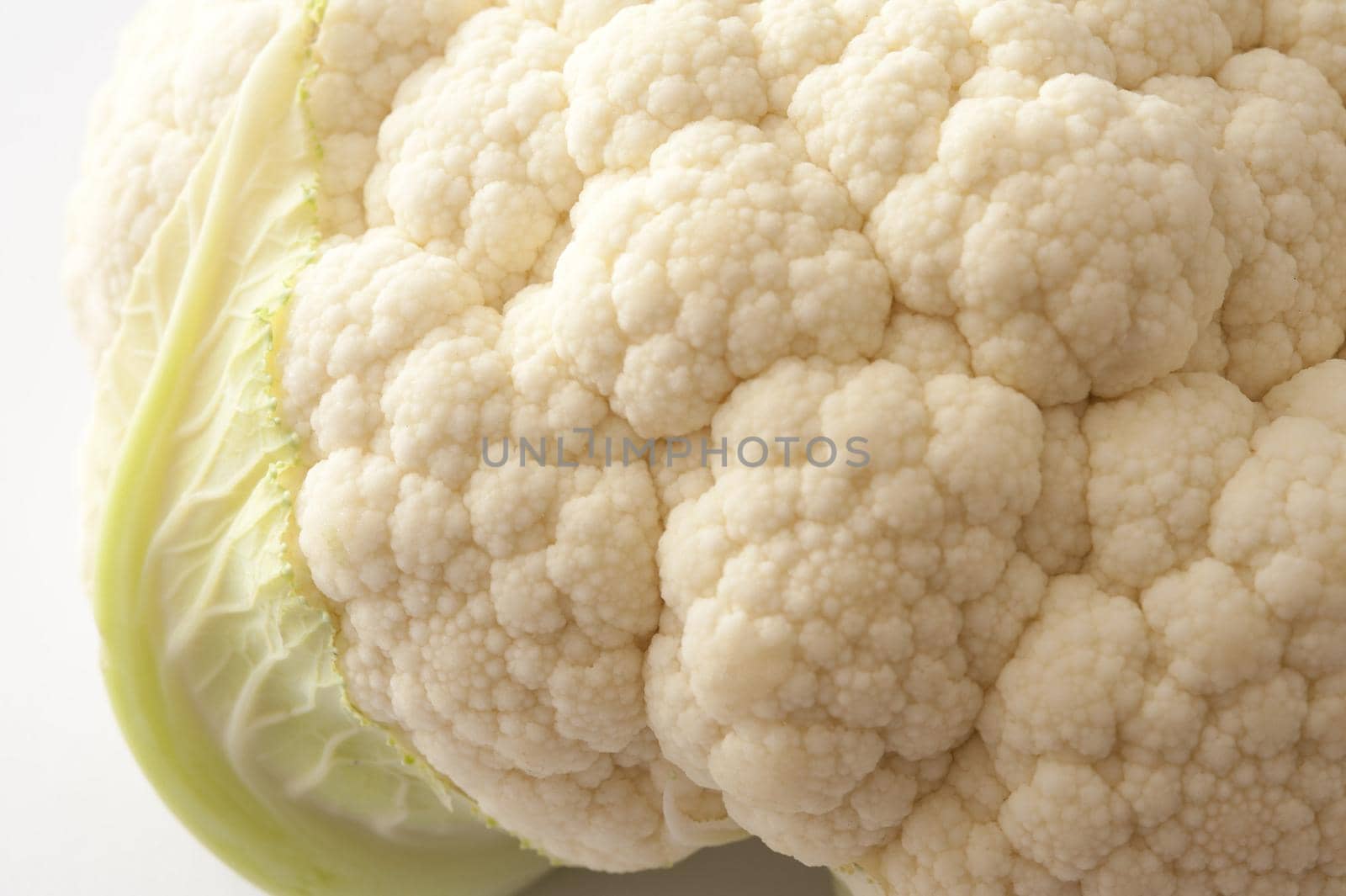 Close up view of the florets and texture of a head of fresh white cauliflower over a white background