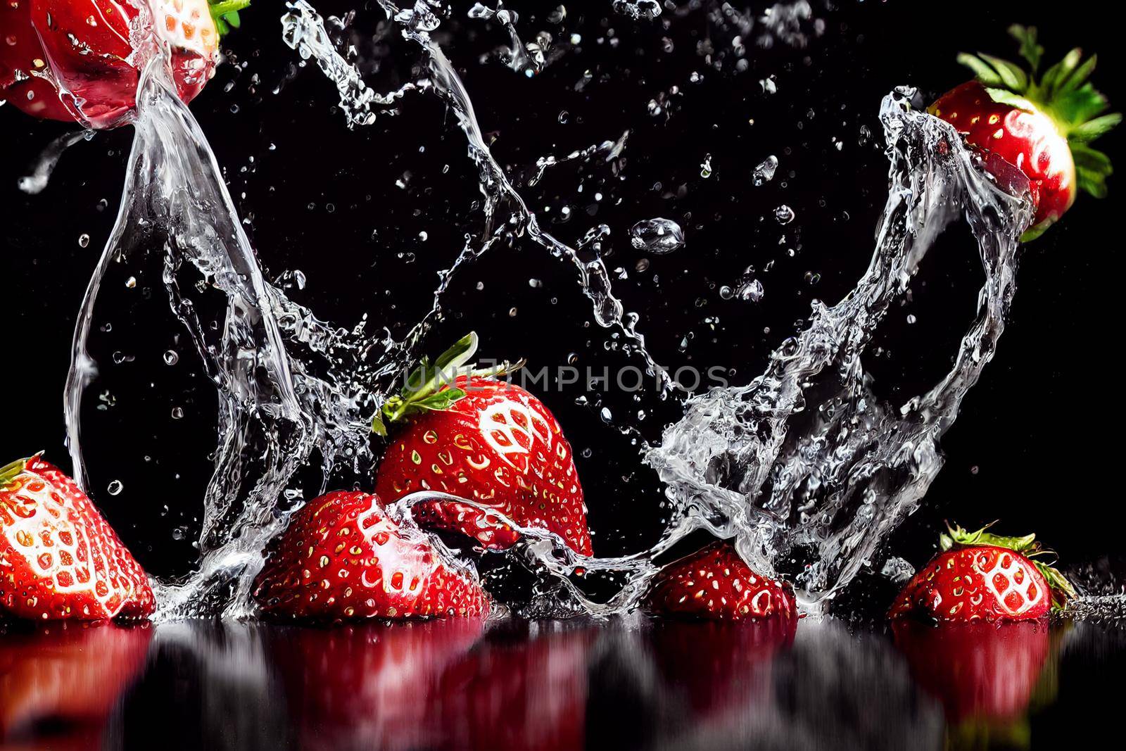 3D render illustration strawberries in water splash isolated on black background