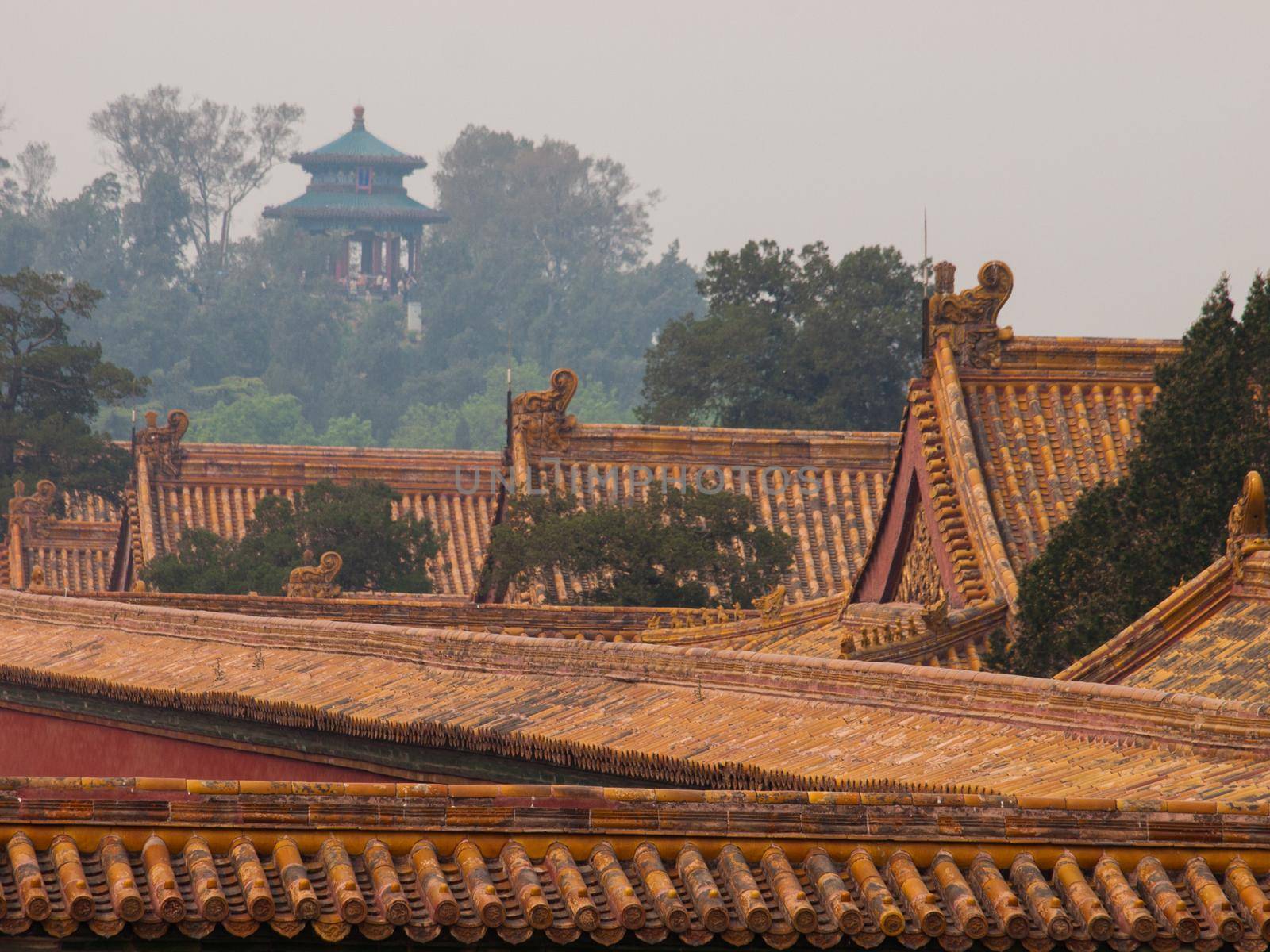 Facade and roofs details, Forbidden City in Beijing. Imperial palace in China.