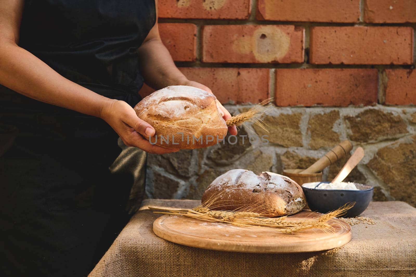 Close-up of a baker holding a loaf of fresh baked homemade whole grain sourdough wheaten bread, enriched in dietary fiber, standing by table with wooden board with wheat ears, against red brick wall