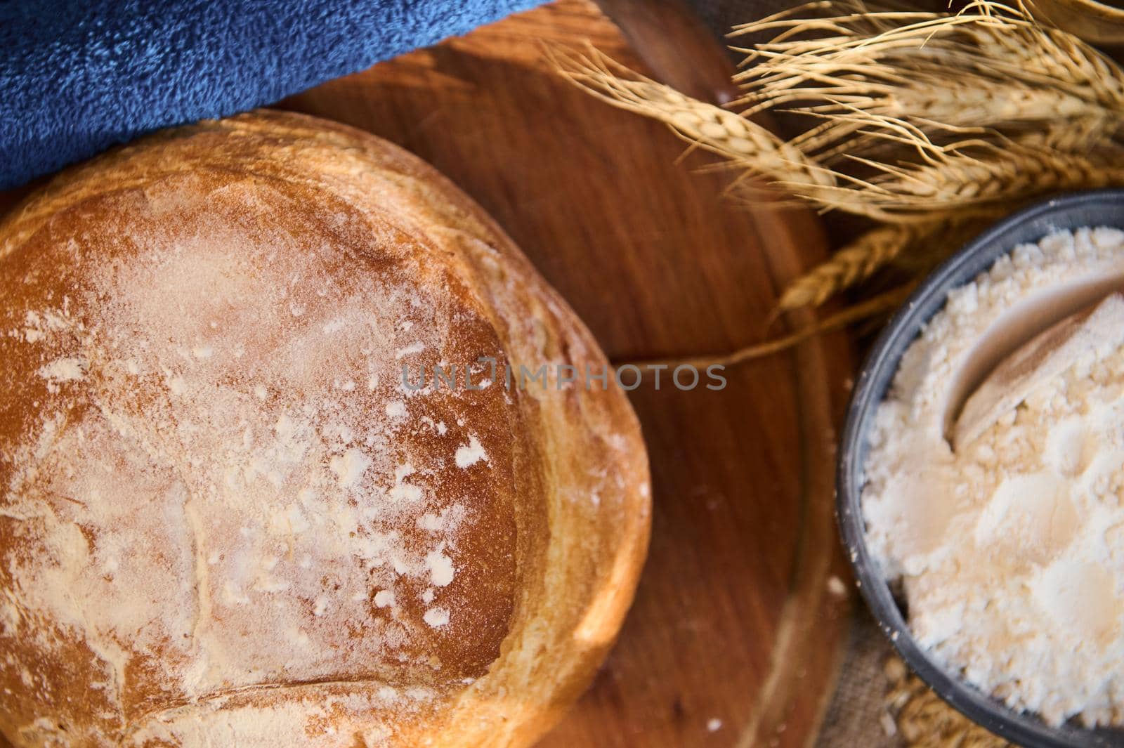 View from above. Still life with a loaf of wholesome whole grain homemade sourdough wheaten bread with crust, on a wooden cutting board, next to white flour in blue ceramic bowl and spikelets of wheat