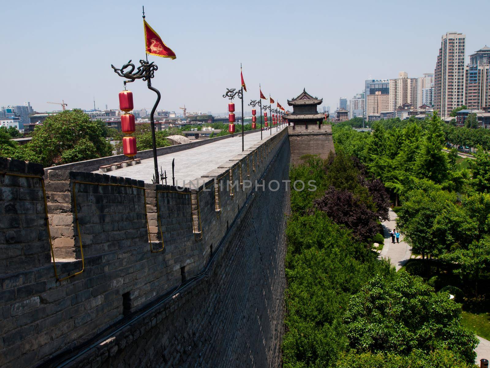 Xian ancient city wall with pagodas.