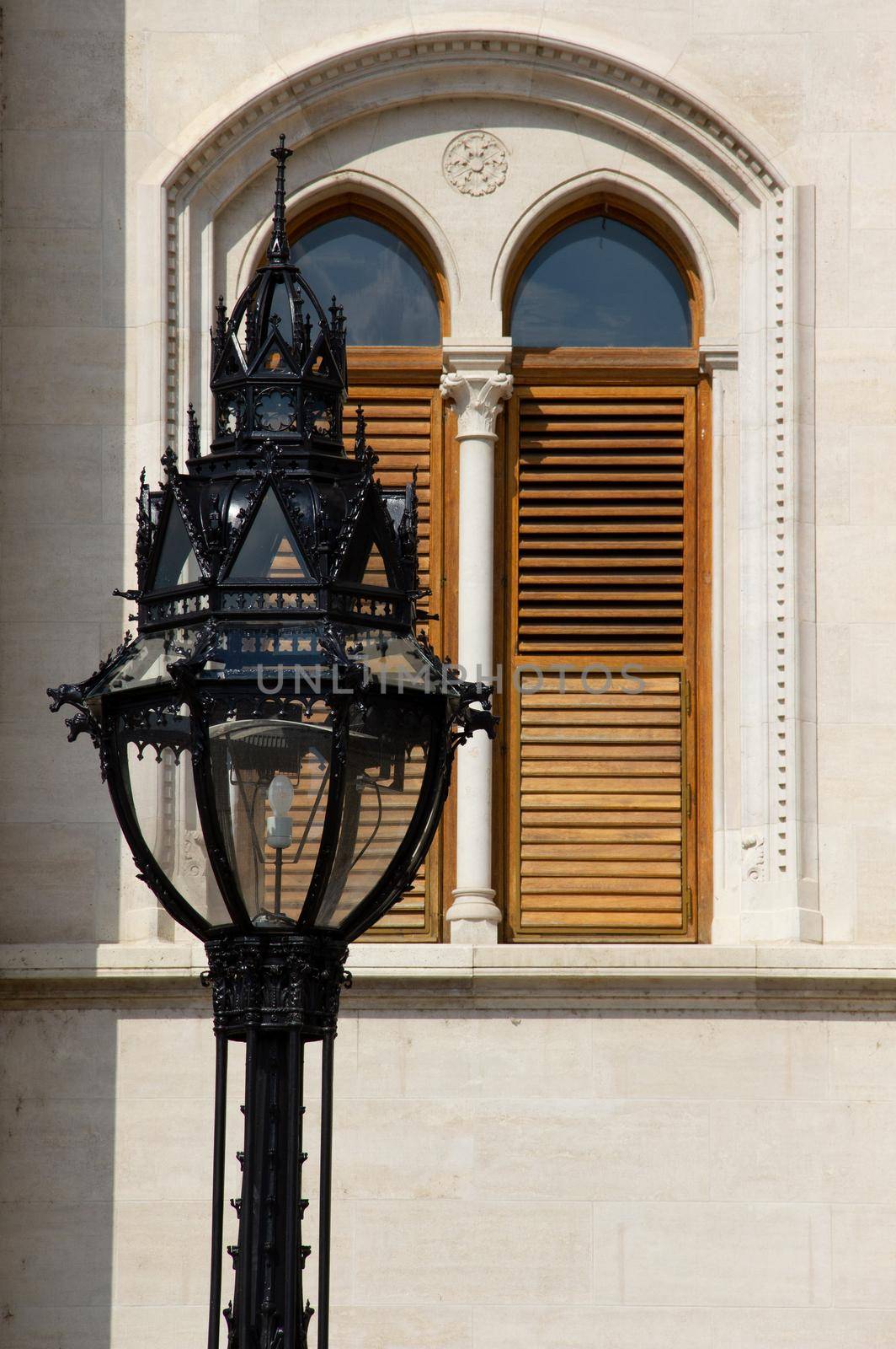 Street lamp with window. Parliament, Budapest, Hungary. High quality photo