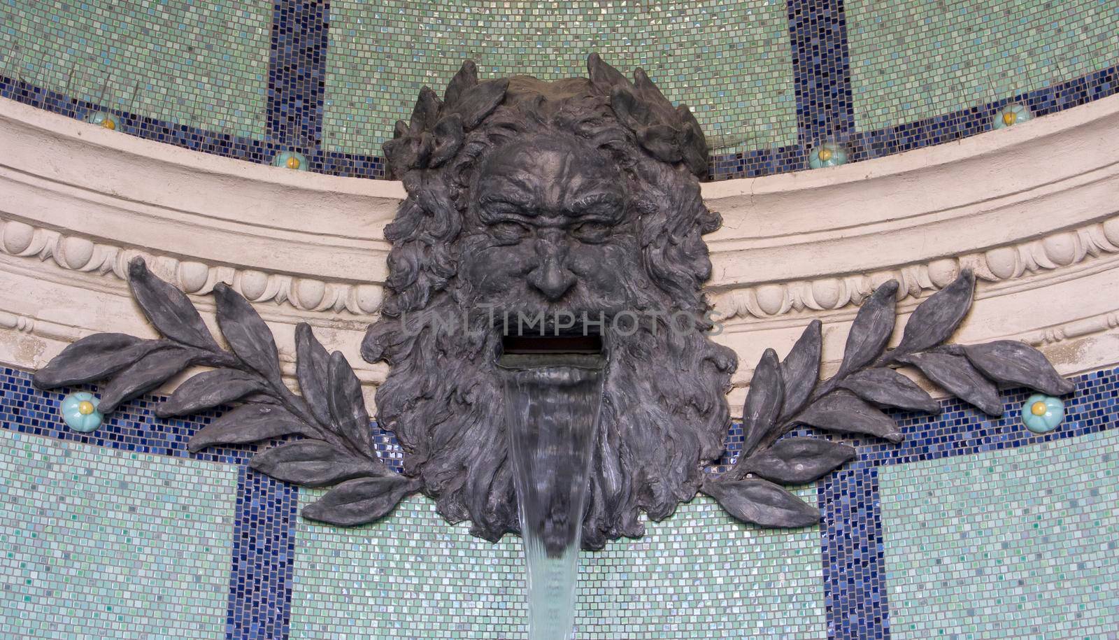 Fountain in the building of The Castle Garden Bazaar. Budapest. Hungary. High quality background photo Close up detail