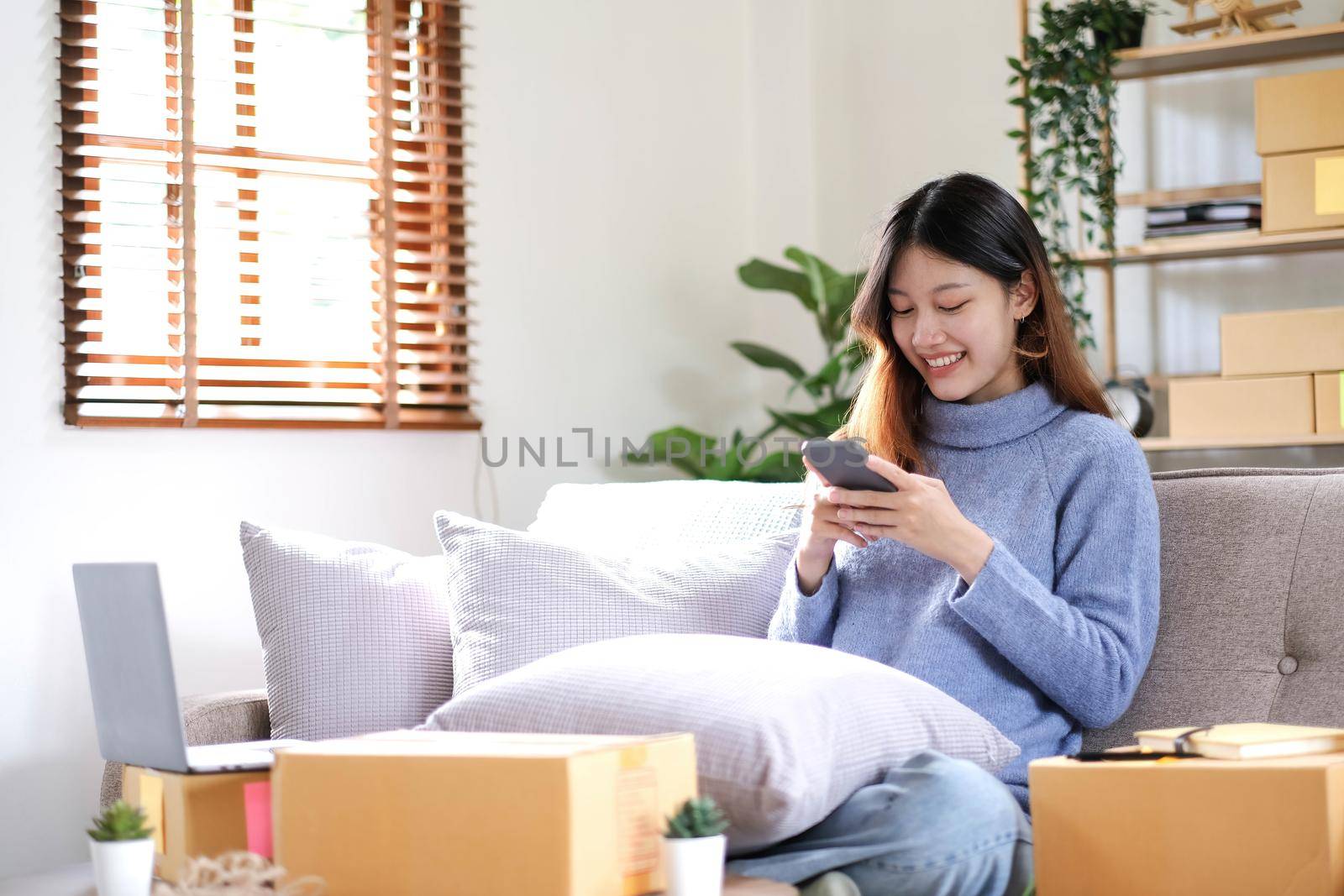 Asian business woman on sofa using a laptop computer checking customer order online shipping boxes at home. Starting SME Small business entrepreneur freelance. Online business, SME Work home concept..