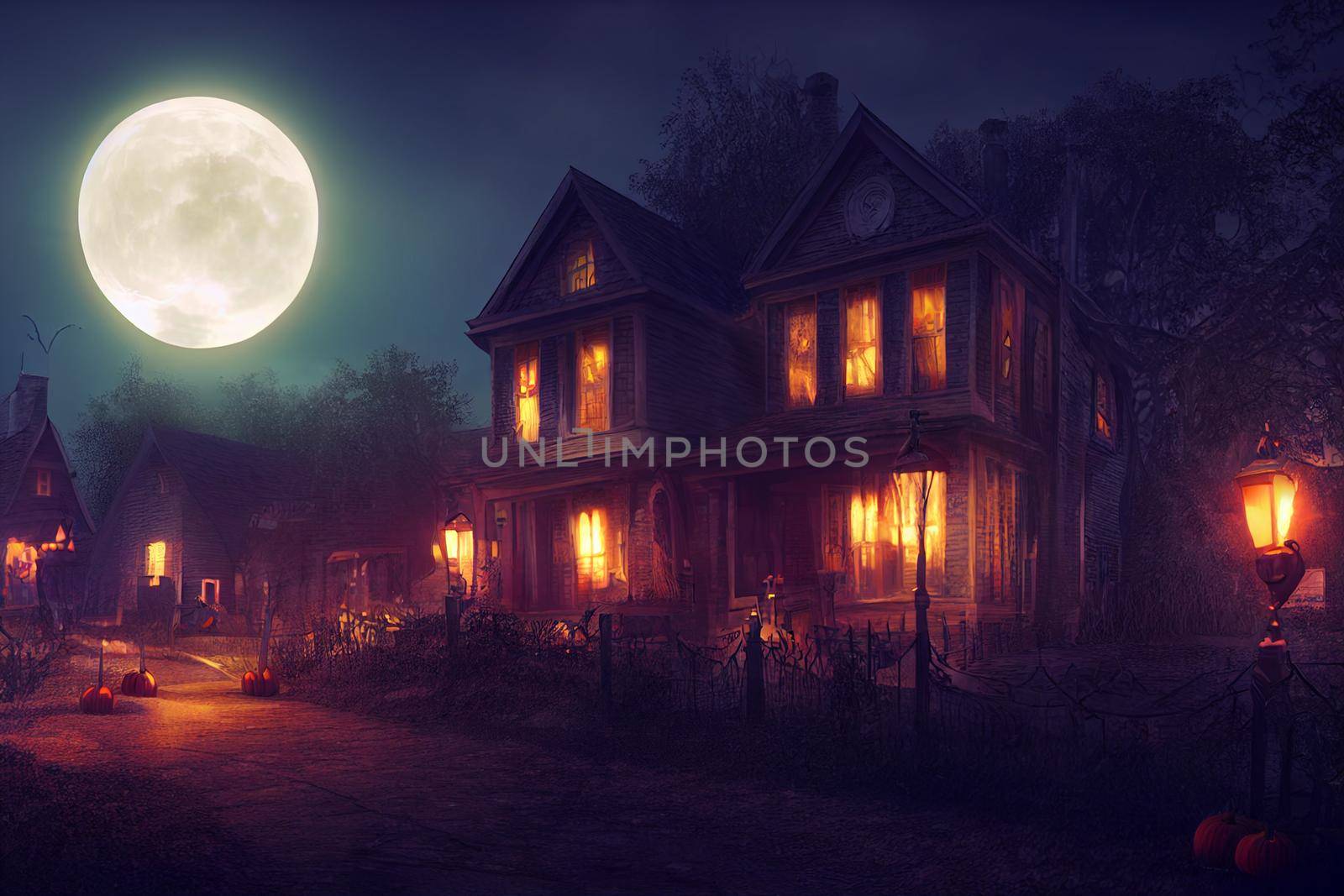 3D illustration of a Halloween concept background of a castle and graveyard. Horror background In stormy weather, an old American-style Horror house