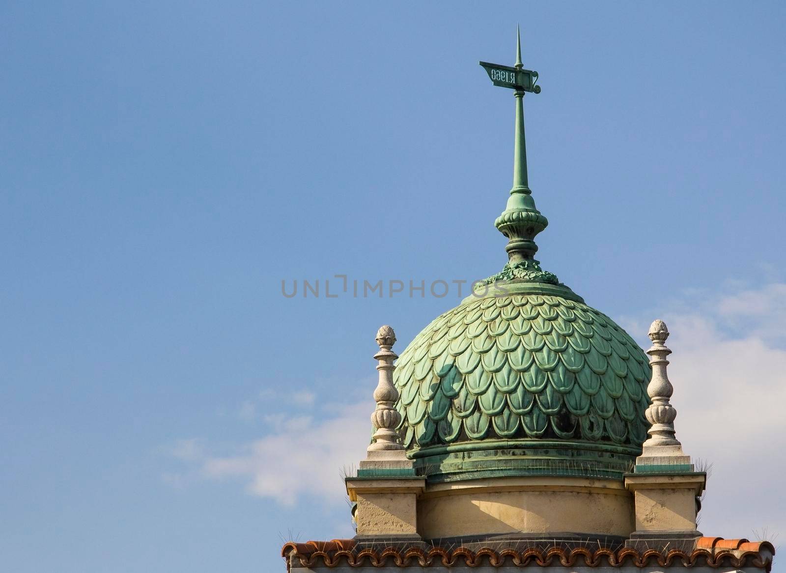Building decoration green dome with blue sky back. High quality photo. Background.