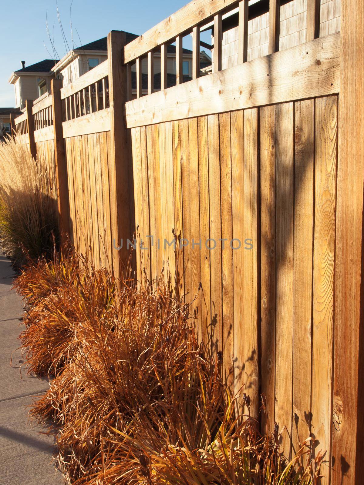 Wood fence next to the sidewalk in residential neighborhood.