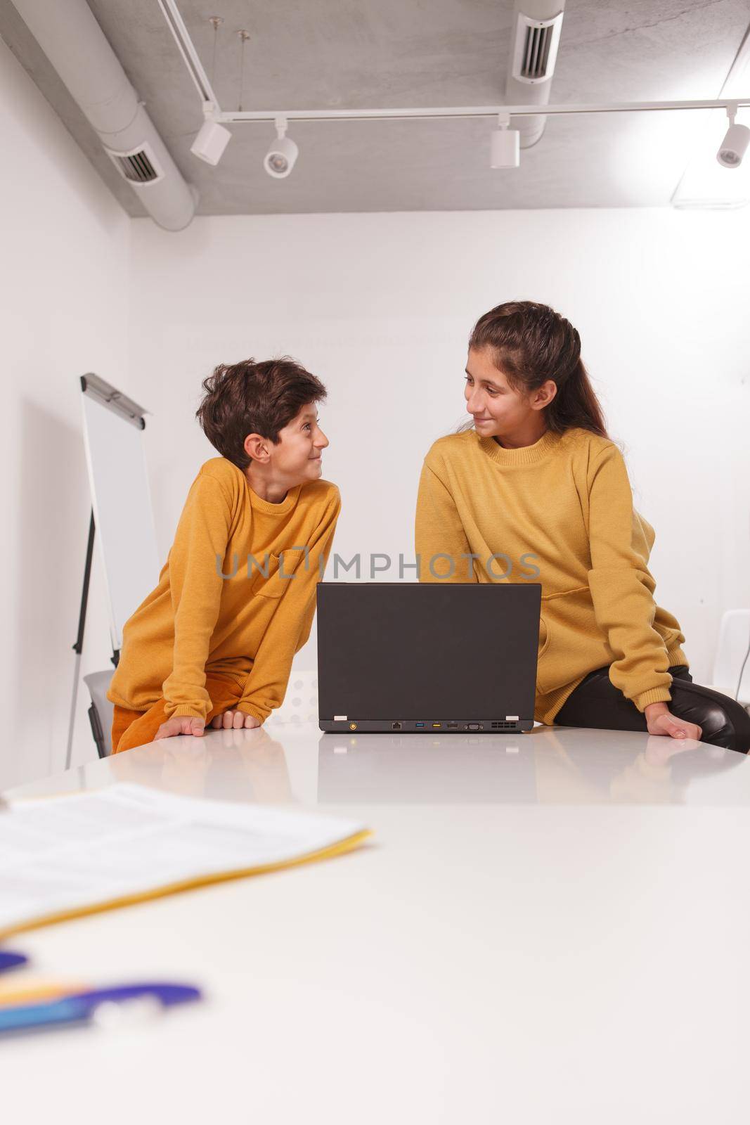 Vertical shot of teen girl and her little brother smiling at each other while working on school project together on a laptop