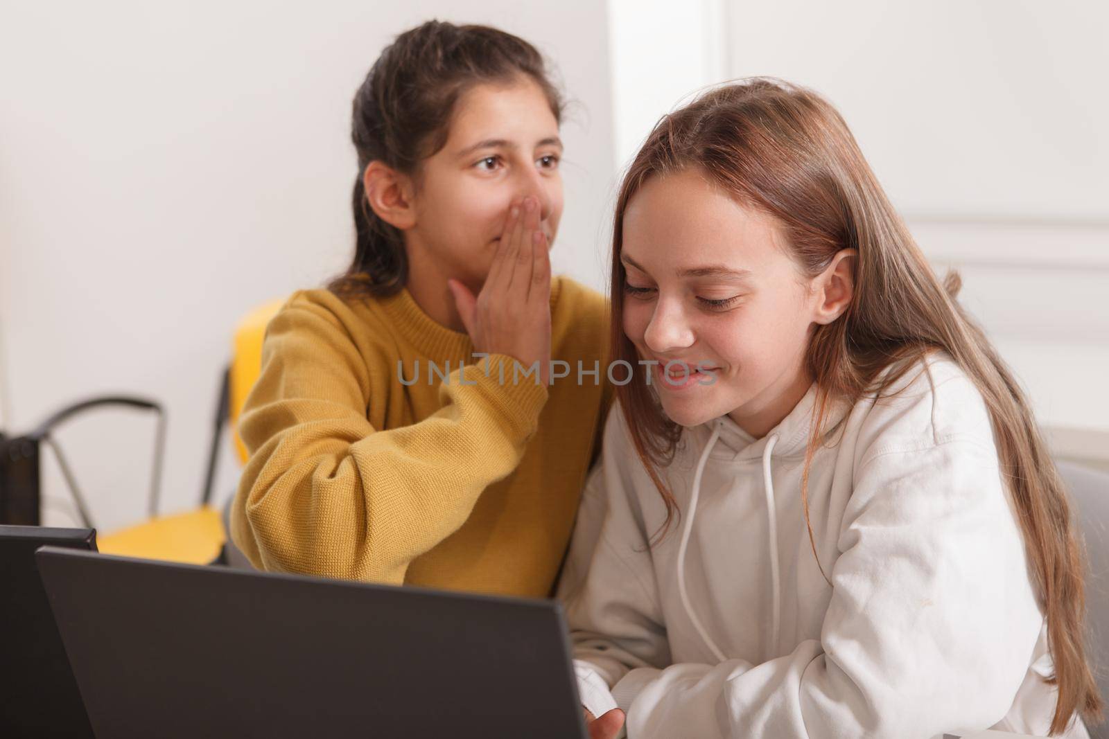 Teenage schoolgirls gossiping and whispering, studying together at school, using computer