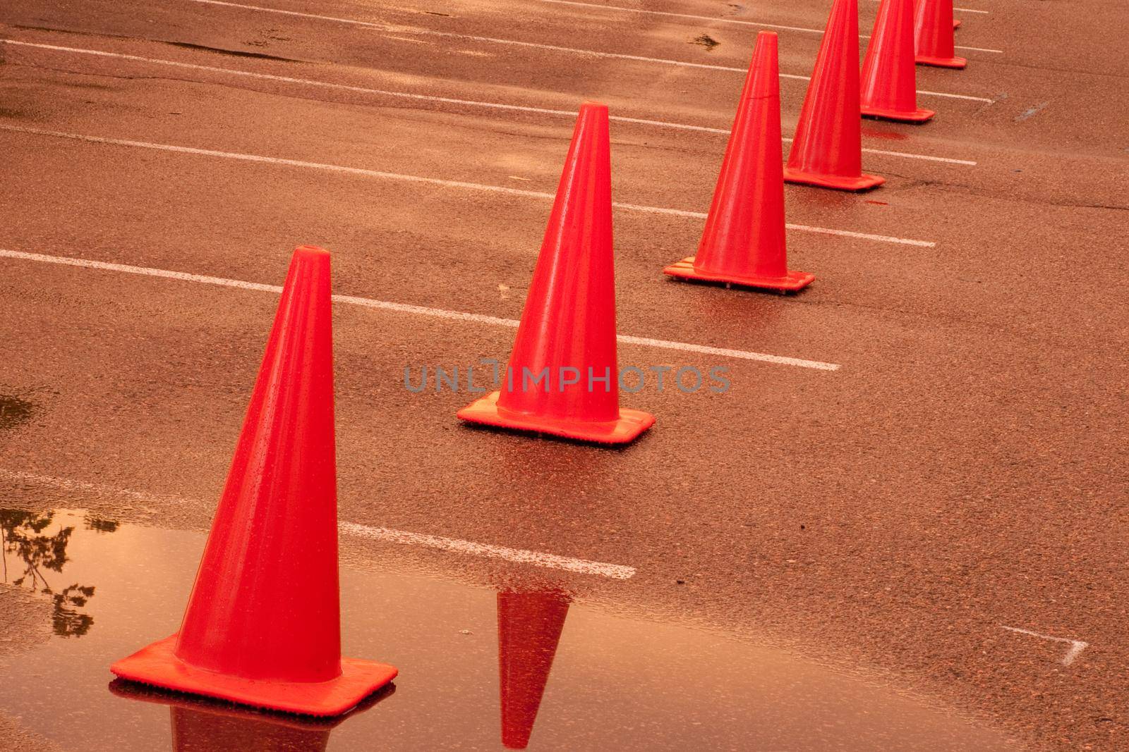 Row of construction cones at the valet parking.