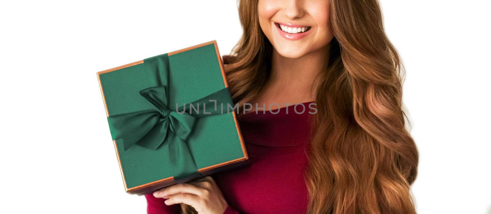 Birthday, Christmas or holiday present, happy woman holding a green gift or luxury beauty box subscription delivery isolated on white background, portrait