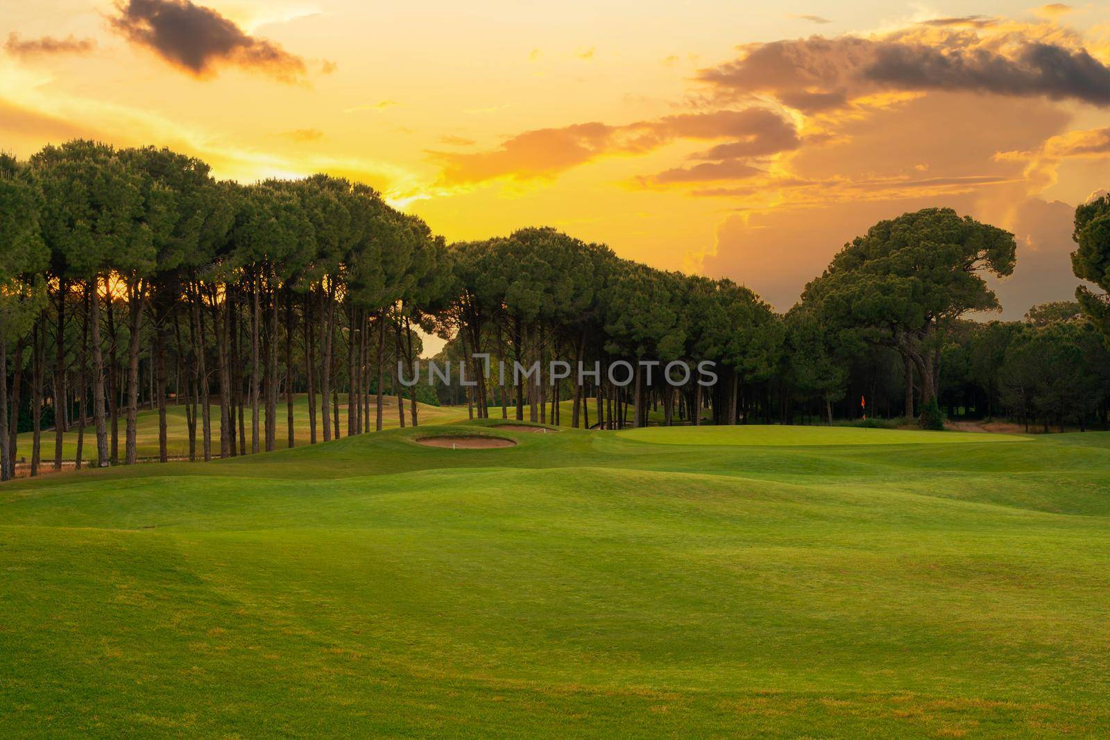 Golf course at sunset with beautiful sky. Scenic panoramic view of golf fairway