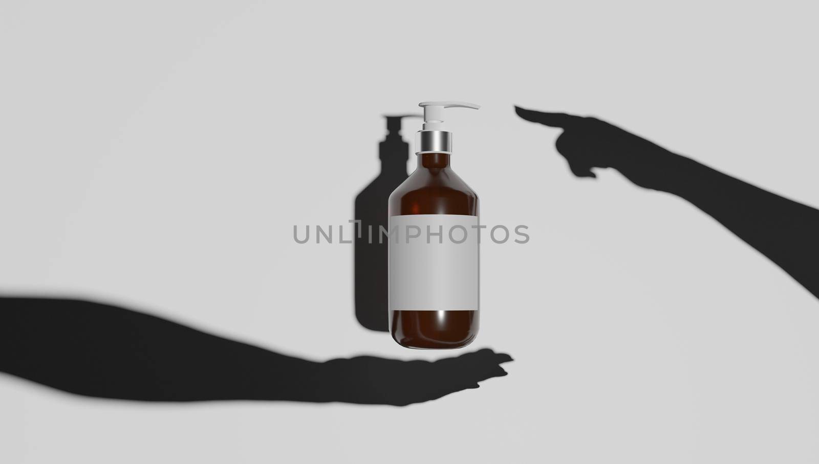 Mock-up of glass dropper bottle with hand shadow. Concept of natural cosmetics. Close-up, flat lay, copy space