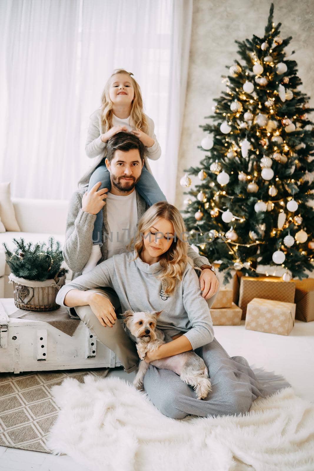 Happy family: mom, dad and pet. Family in a bright New Year's interior with a Christmas tree.