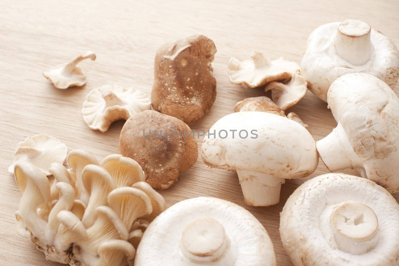 Varieties of fresh edible mushrooms with agaricus bisporus, shitake, and shimeji mushrooms in a random pile on a wooden counter top viewed closeup from above