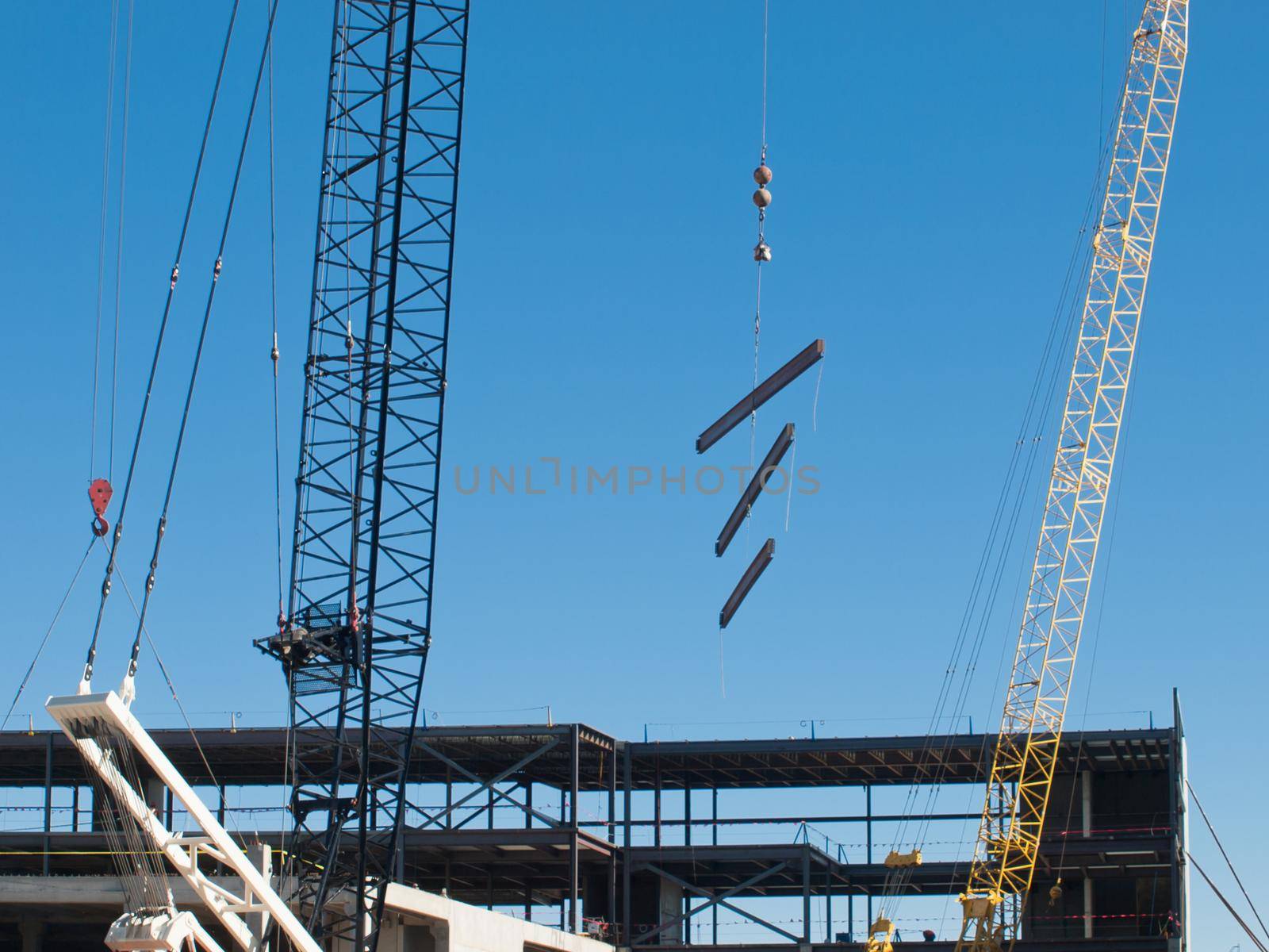 Construction site of the new retail building. Steel frame construction.