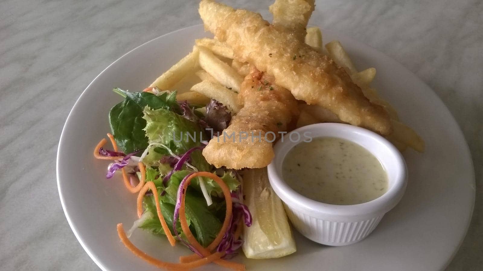 Pieces of breaded fish with French fries and fresh salad on the side with a savory dipping sauce