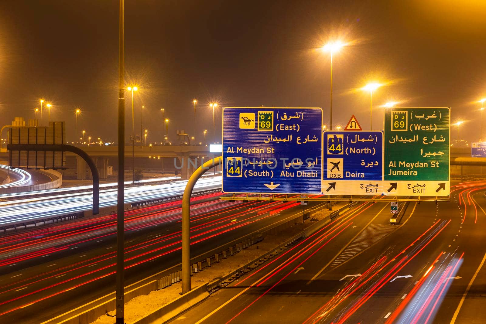 Dubai, UAE - 06.04.2021 Light trails on Al Khail road at night