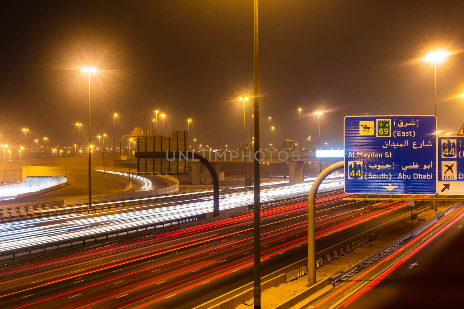 Dubai, UAE - 06.04.2021 Light trails on Al Khail road at night