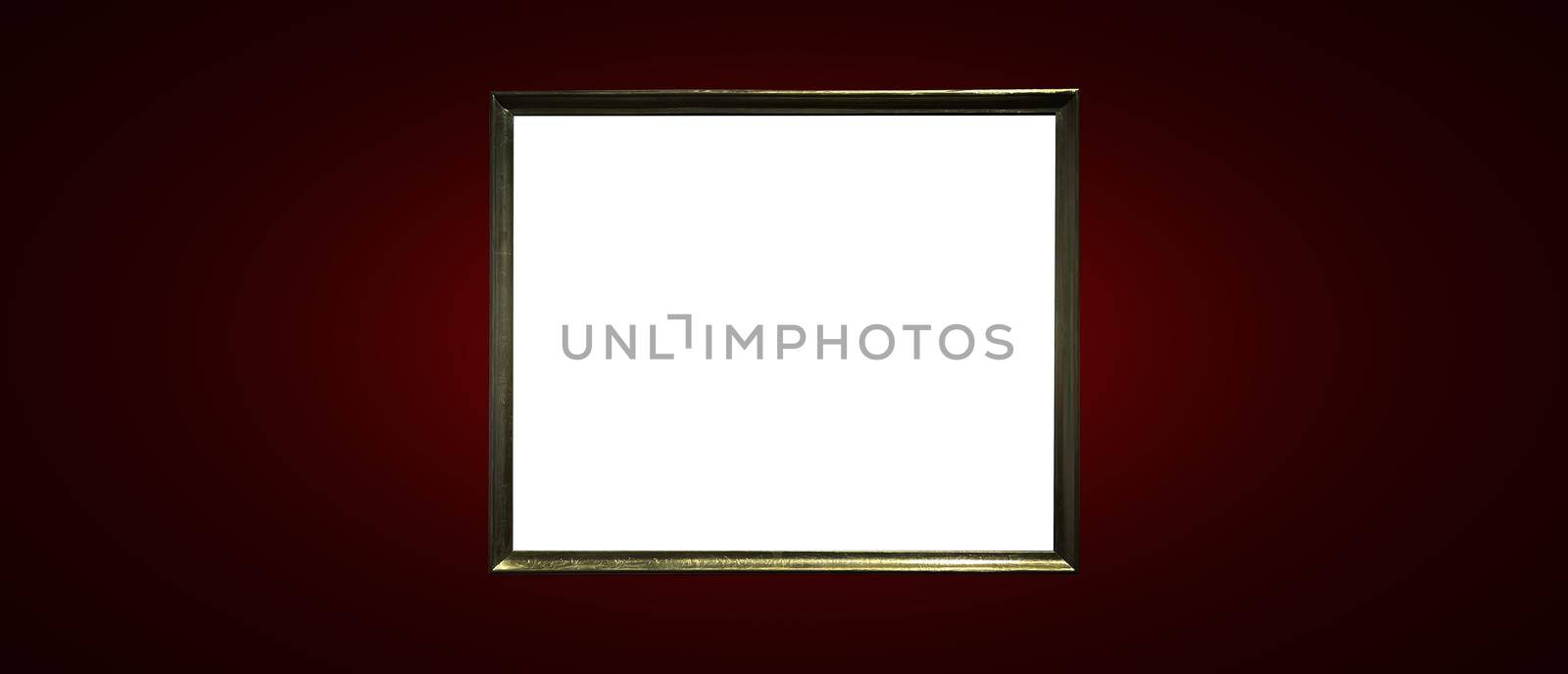 Antique art fair gallery frame on royal red wall at auction house or museum exhibition, blank template with empty white copyspace for mockup design, artwork concept