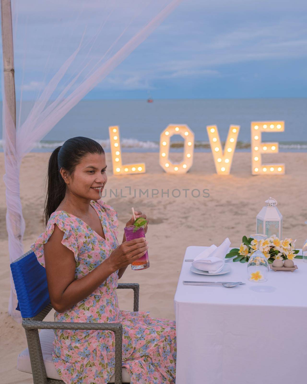 Romantic dinner on beach of Huahin Thailand, dinner by candle light in Hua Hin ,Valentine concept by fokkebok