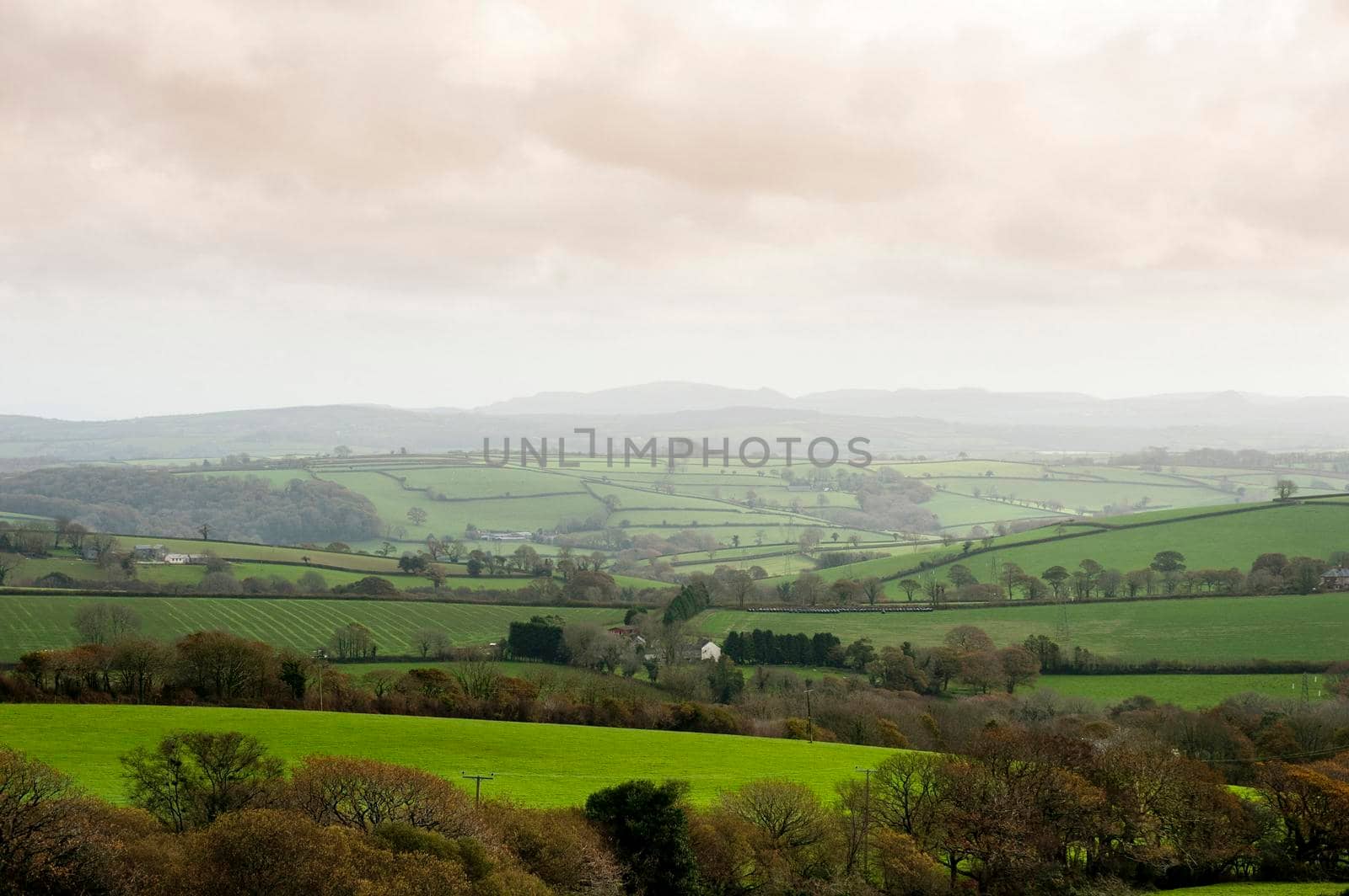 Cornwall country landscape with gently rolling hills and lush green agricultural fields and pastures