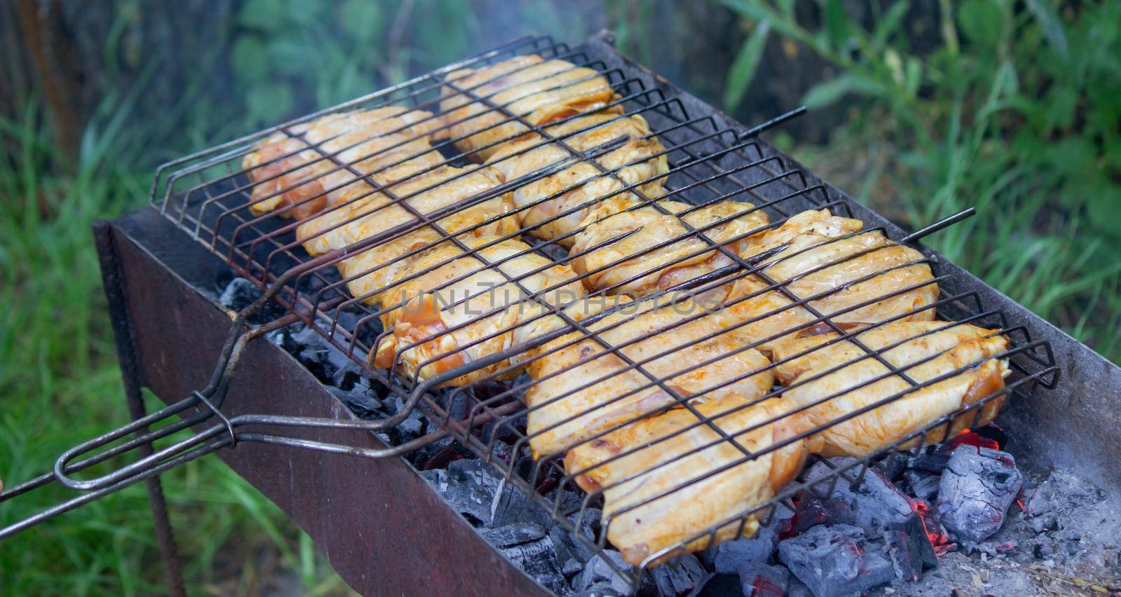 fry chicken skewers on the grill. Picnic in nature. selective focus