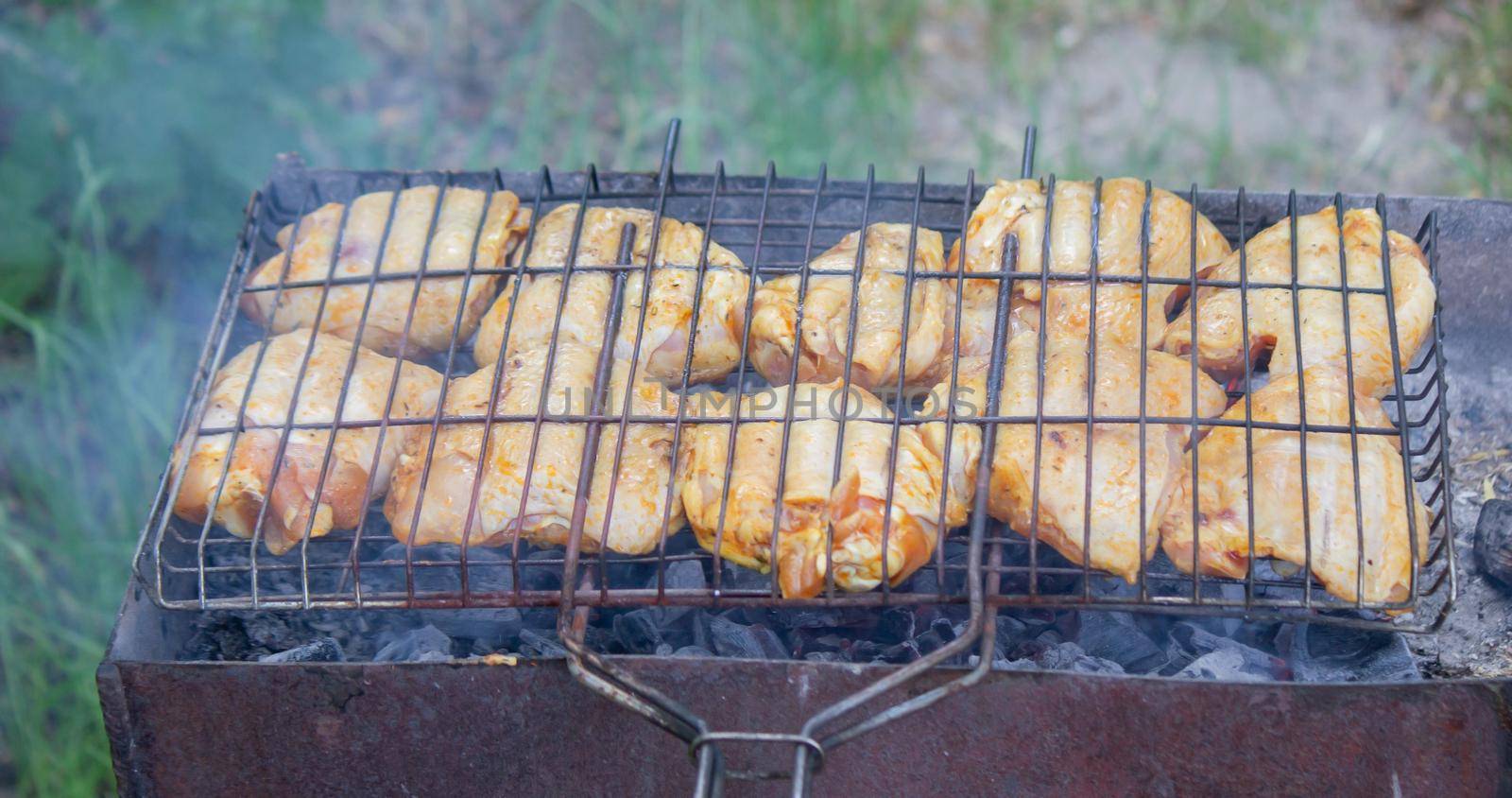 fry chicken skewers on the grill. Picnic in nature. selective focus