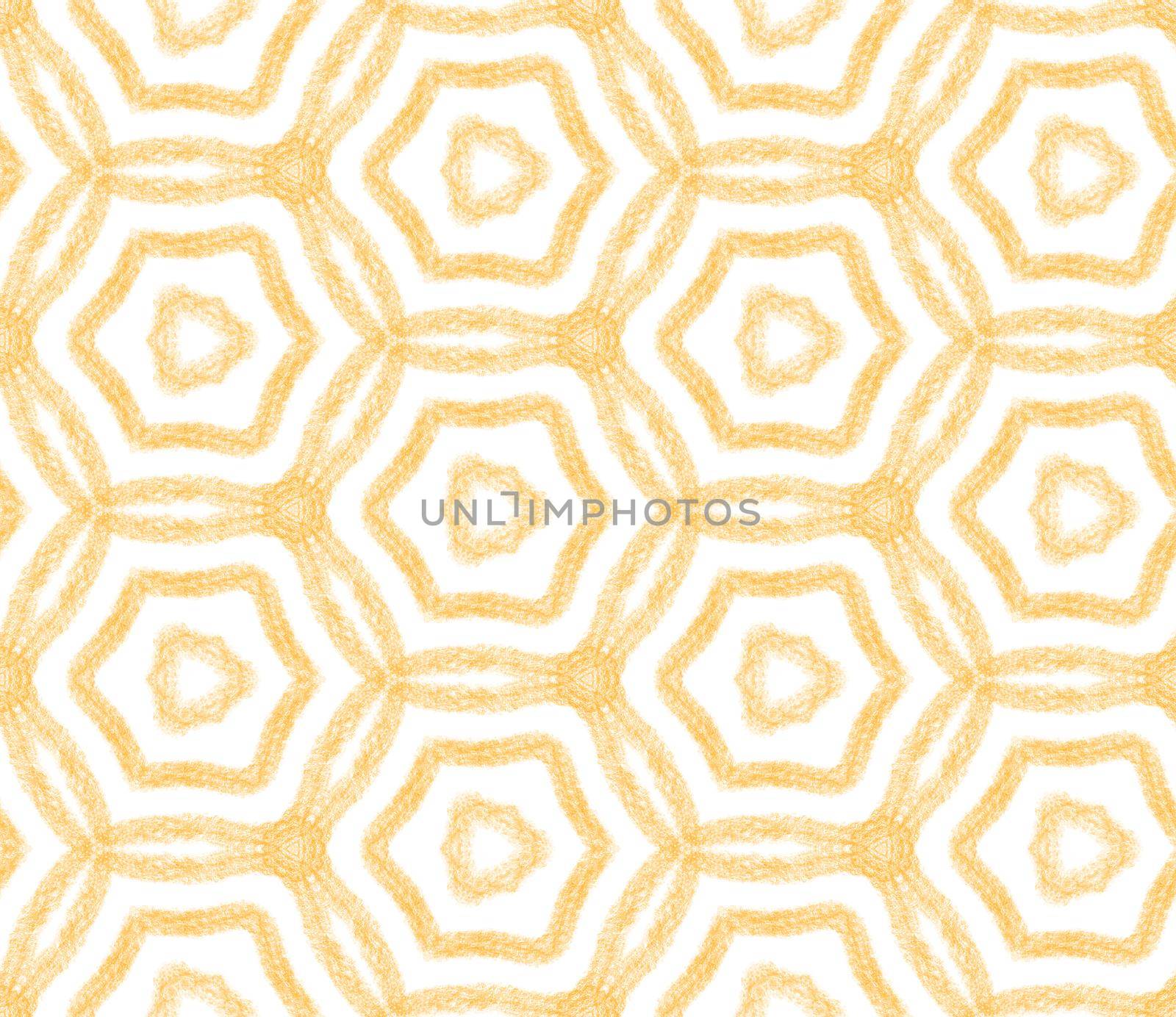 Medallion seamless pattern. Yellow symmetrical kaleidoscope background. Watercolor medallion seamless tile. Textile ready elegant print, swimwear fabric, wallpaper, wrapping.