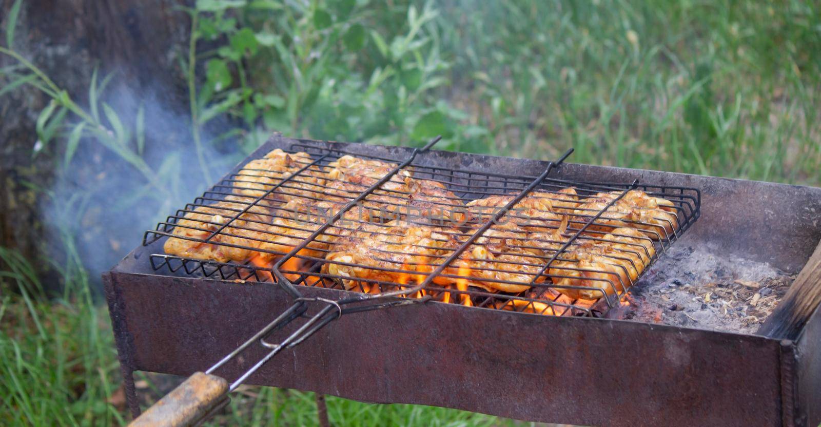 fry chicken skewers on the grill. Picnic in nature. selective focus