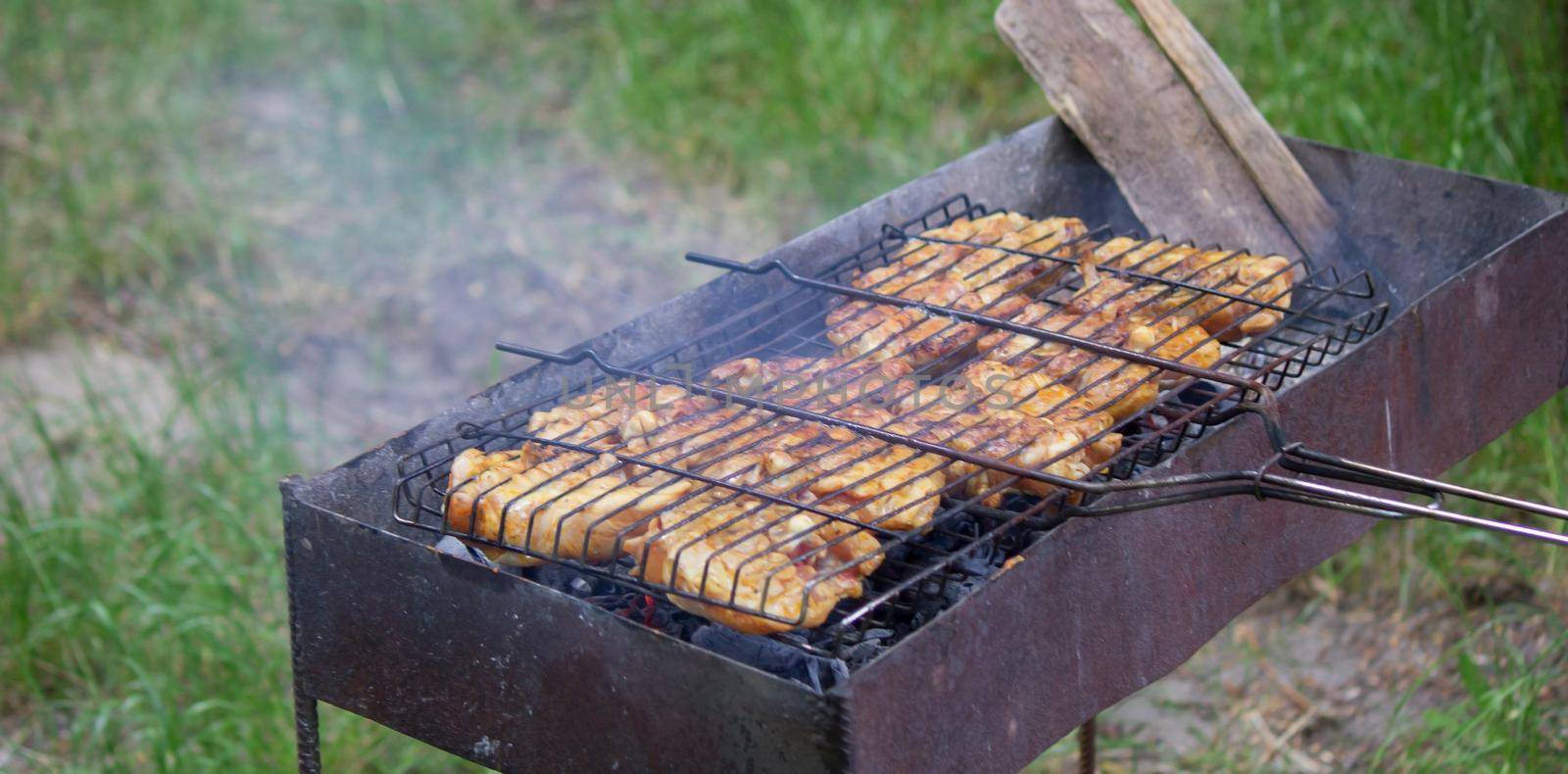 fry chicken skewers on the grill. Picnic in nature. selective focus
