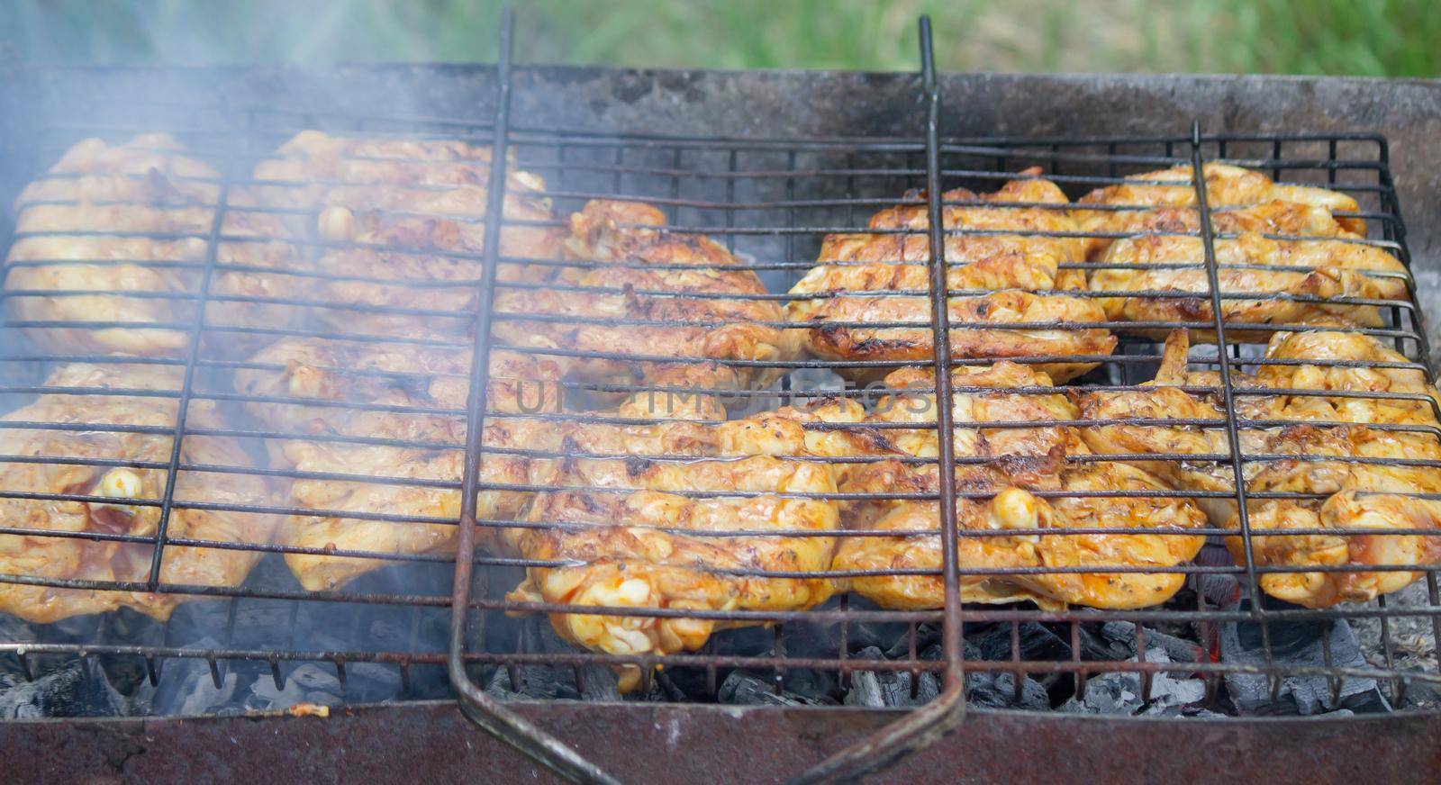 fry chicken skewers on the grill. Picnic in nature. selective focus