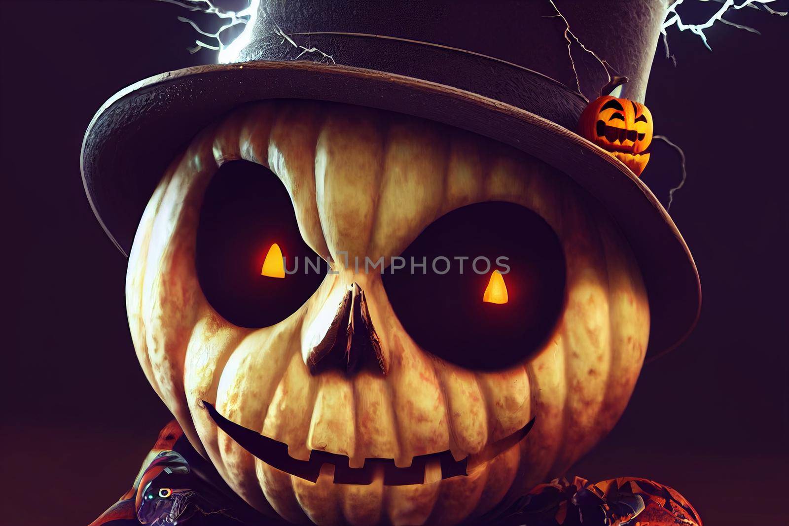 Halloween background with skeletons character and pumpkins. 3D illustration to decorate a flyer, poster, invitation or social media ad for Halloween.