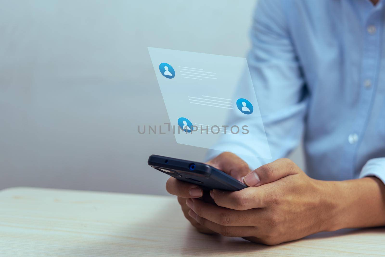 Man using online chat smartphone virtual screen digital technology connection application gadget searching information online business concept.
