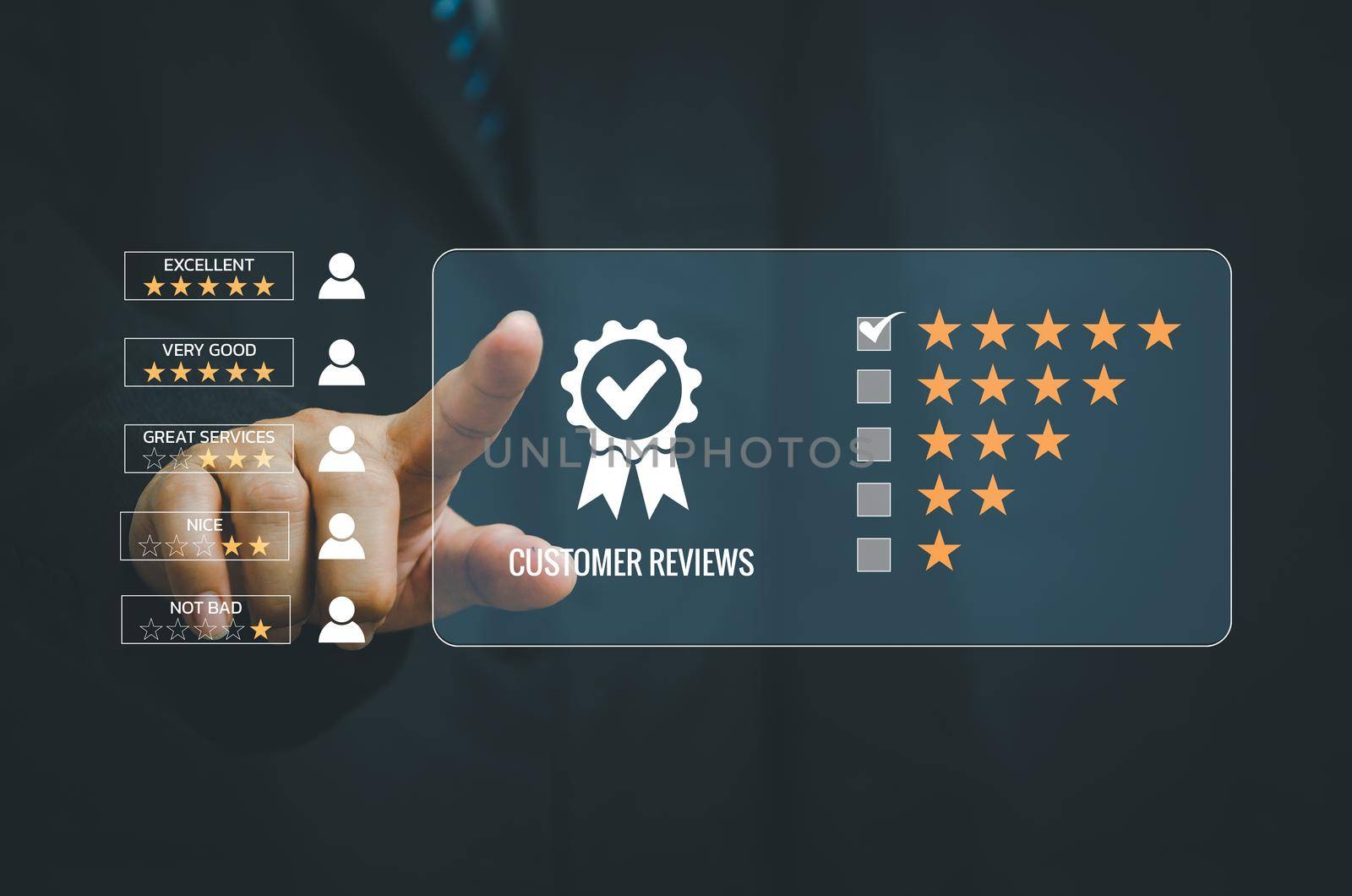 Customer service experience and business satisfaction survey popup five star icon for feedback review satisfaction service. by aoo3771