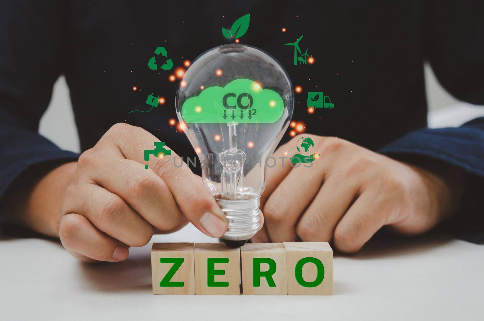 Net zero greenhouse gas emissions to as close to zero as possible, with any remaining emissions reabsorbed into the environment.Business eco innovation carbon target concept.