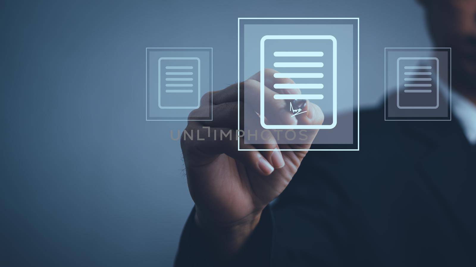 businessman signs an electronic document on a digital document on a virtual screen.e-signing electronic signature document management. by aoo3771