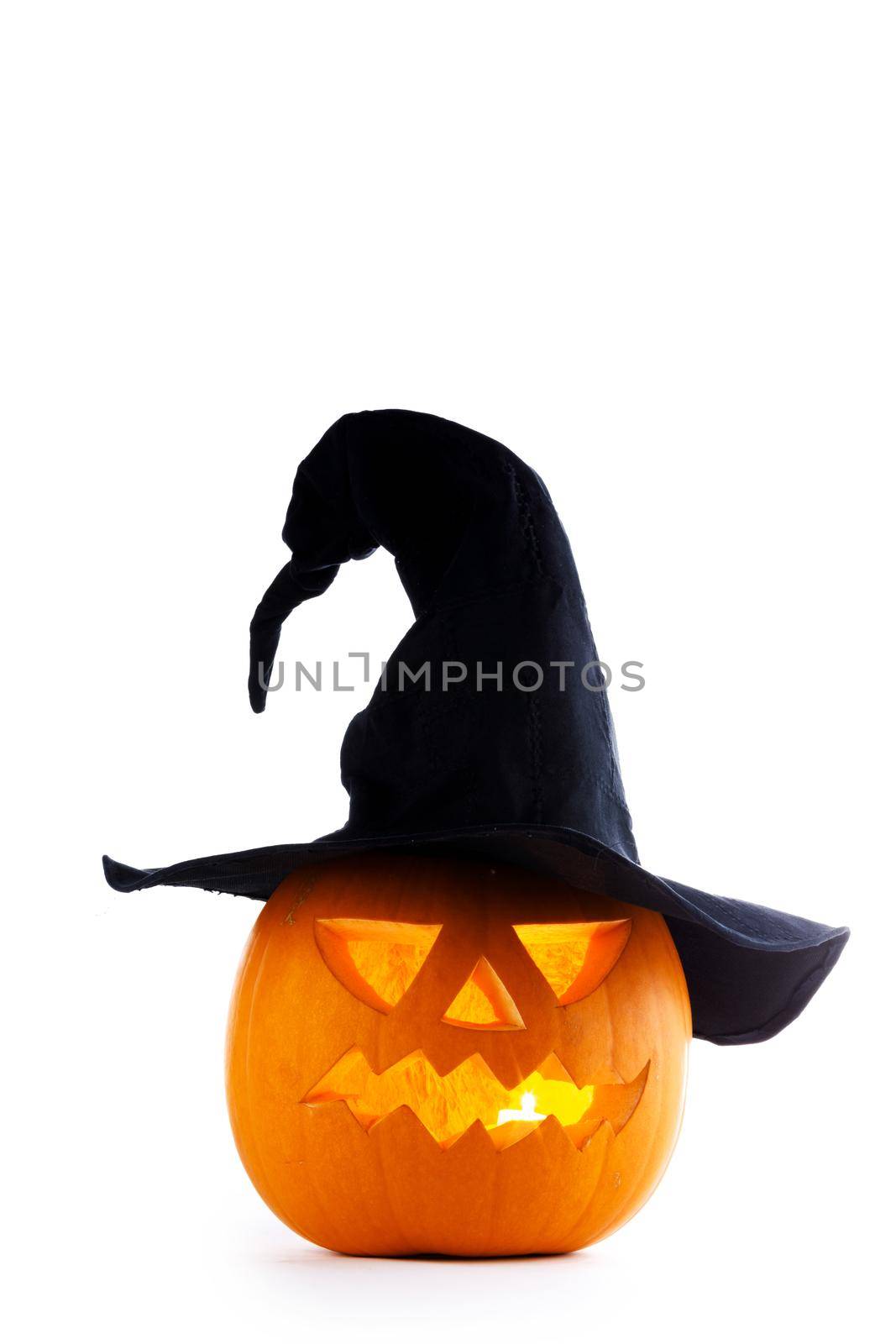 Funny Jack O Lantern Halloween pumpkin wearing witches hat isolated on white background