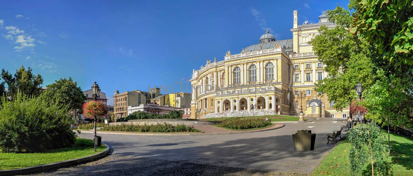 Odessa, Ukraine 04.09.2022. Theater Square in the historical center of Odessa, Ukraine, on a sunny summer day