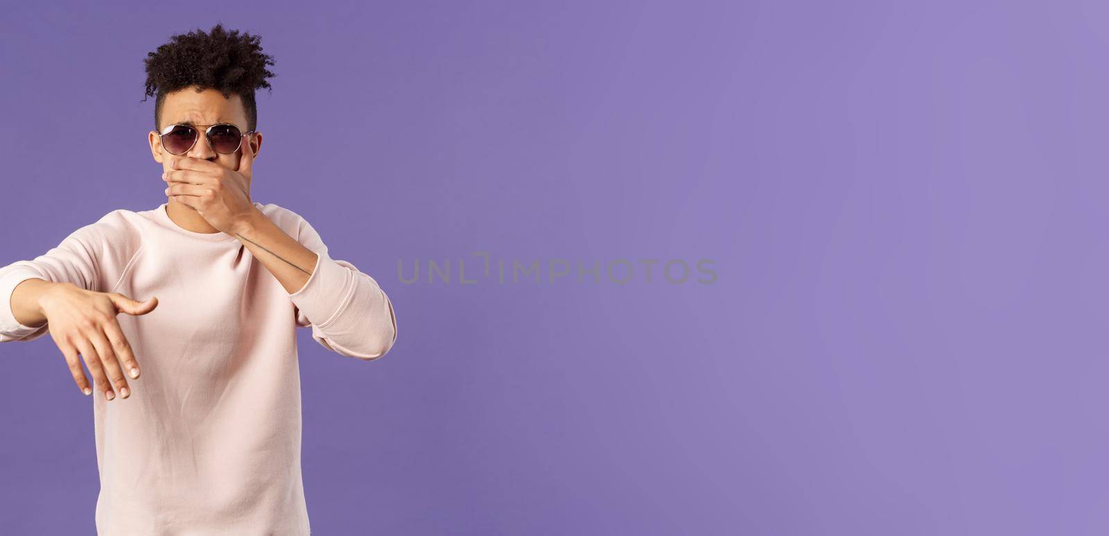 Waist-up portrait of cool and sassy, young carefree guy with dreads and sunglasses, cover mouth to beatbox, waving hand in rhythm music, singing rap or attend hip-hop party, purple background by Benzoix